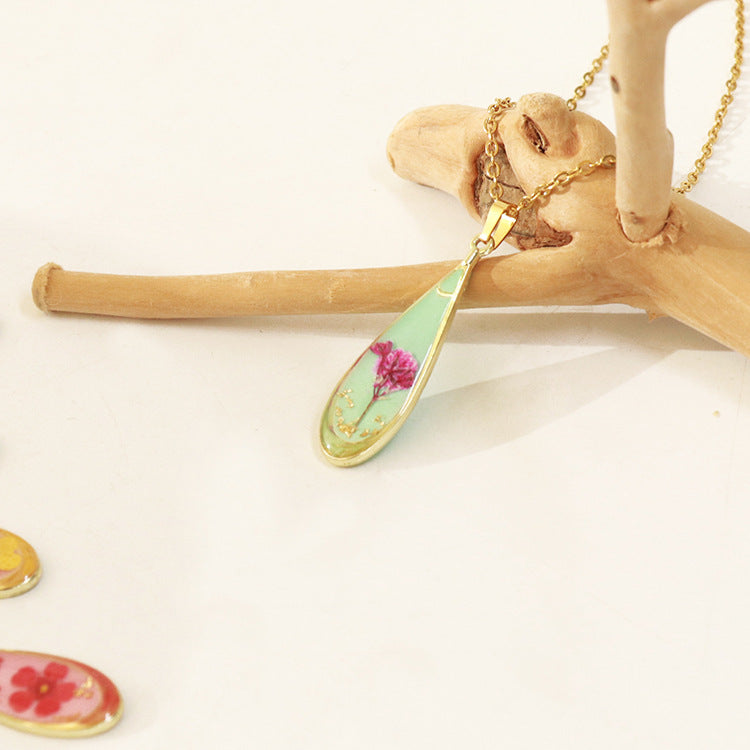 Wholesale 6pcs Resin Colored Dried Flower Pendant Water Drop Necklace