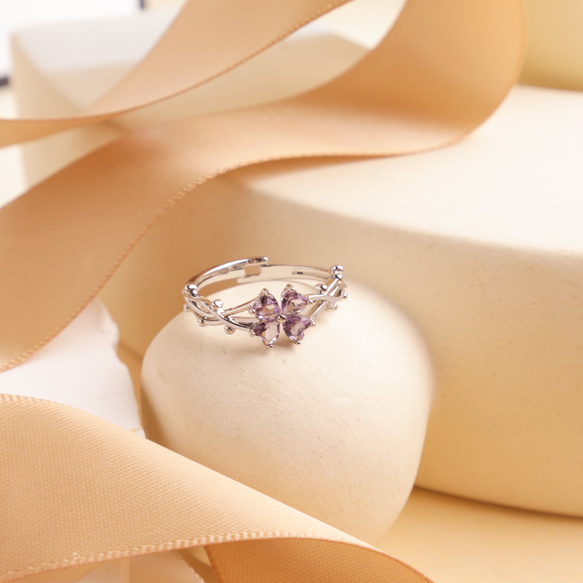 Wholesale Purple zircon four-petal flower open adjustable ring