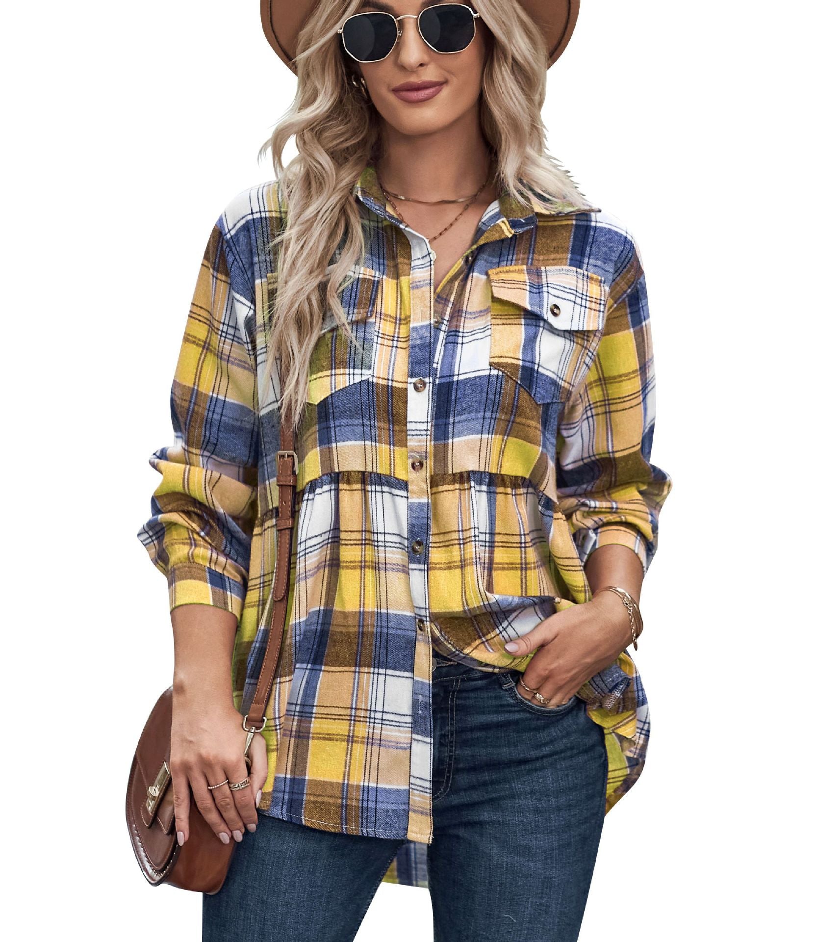 Wholesale Polyester Women's Tops Lapel Long Sleeve Pocket Casual European and American Plaid Shirt