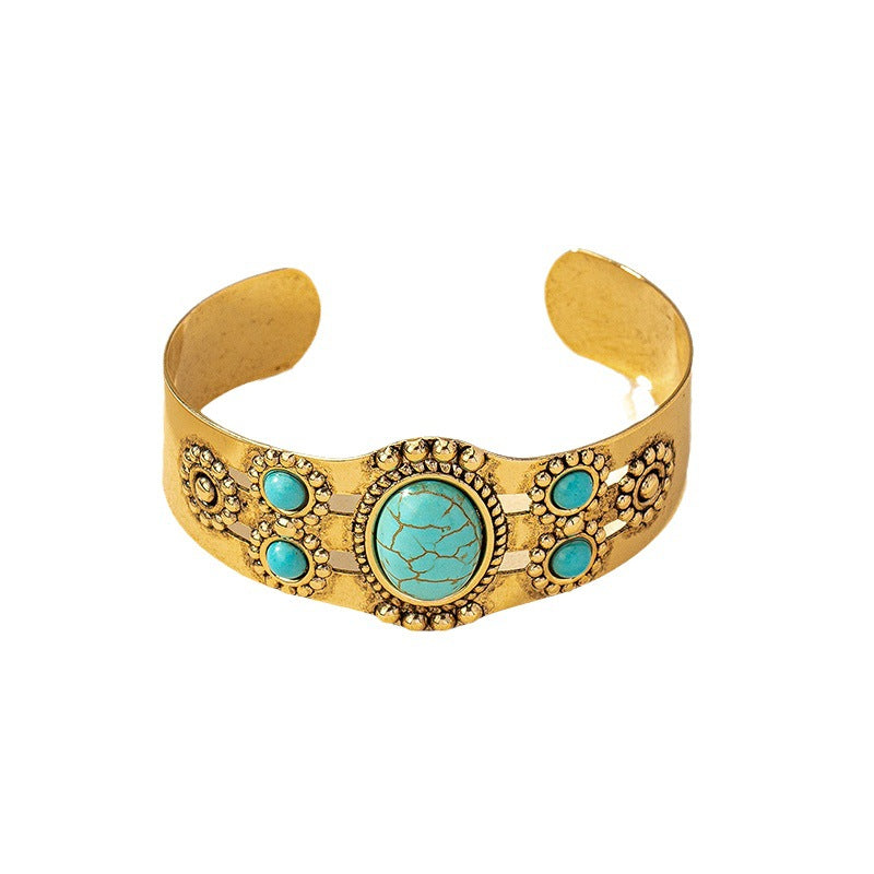 Wholesale Gold Tone Alloy Open Cuff Bracelet French Vintage Palace Style With Turquoise Accent Women S Everyday Fashion Accessory