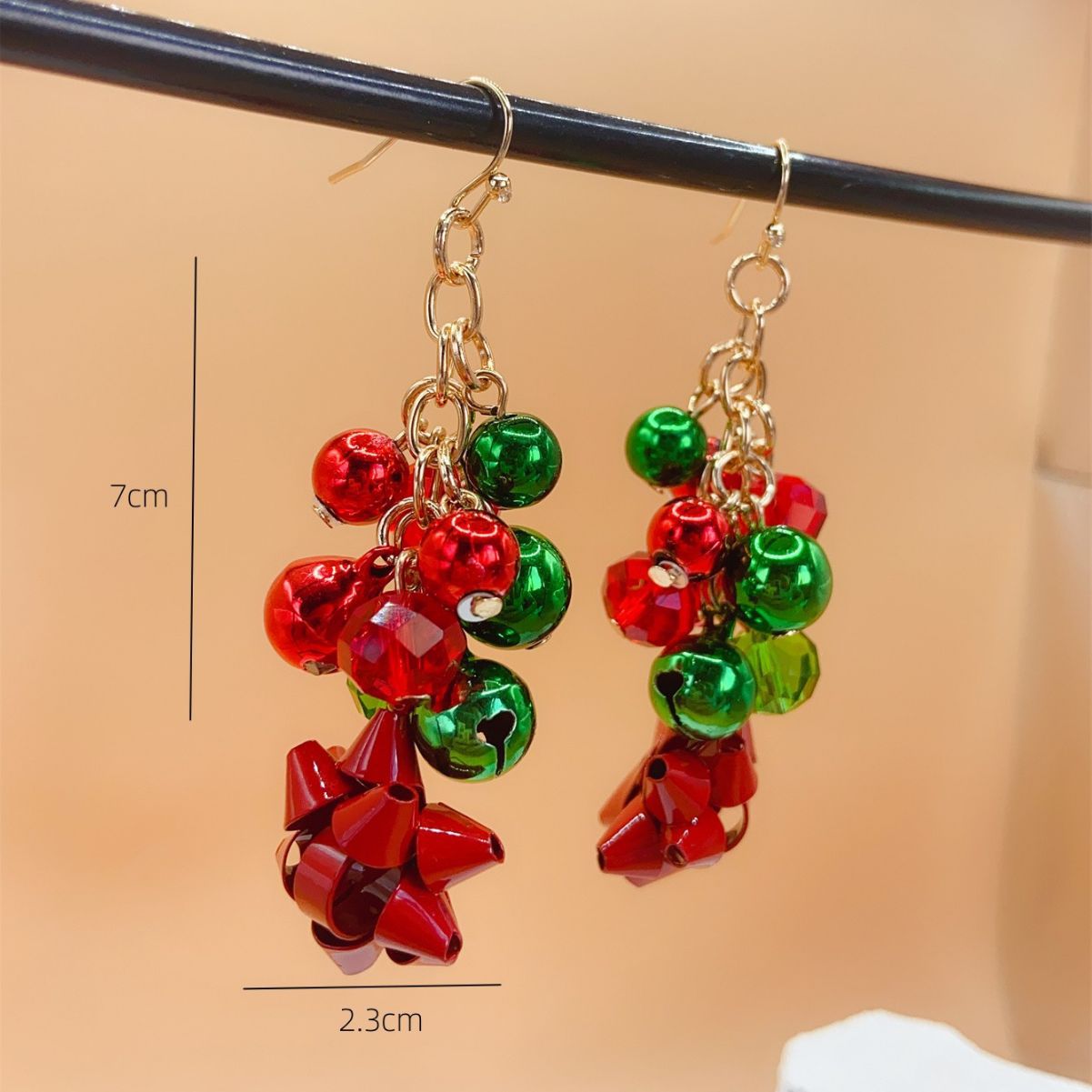 Wholesale Christmas series exaggerated red and green color snowflake Bell tassel Carnival earrings