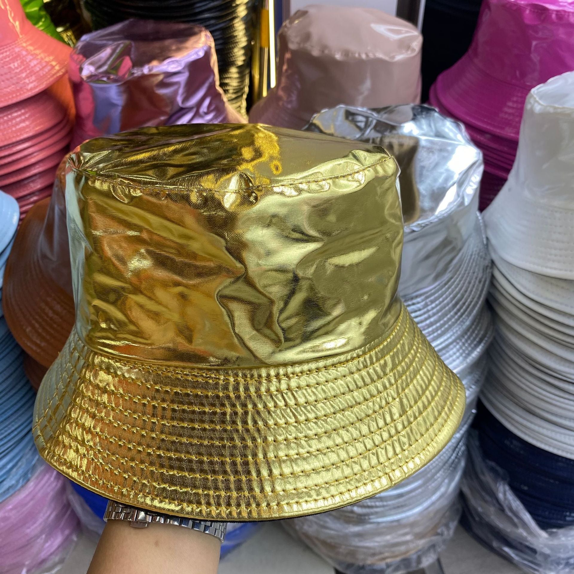 Wholesale of Solid Color Patent Leather with Polyester Fisherman Hats on Both Sides