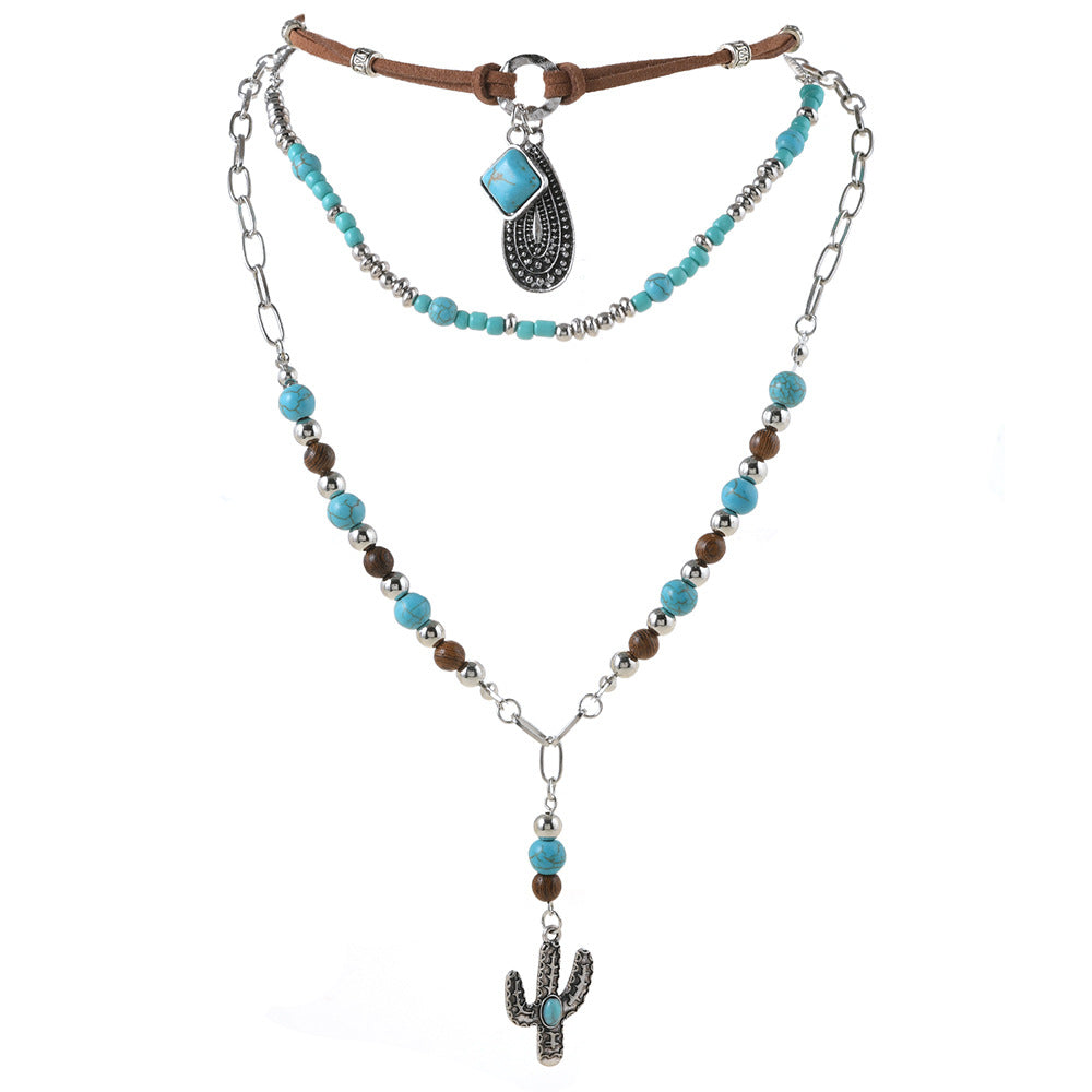 Wholesale Necklace Western Style Cactus Cattle Head Hat Turquoise Flannel Neck Chain