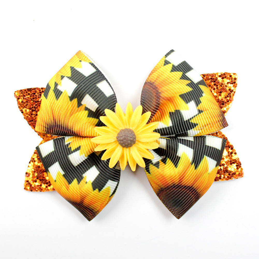 Wholesale 5pcs Shiny Boutique Bow Daisy Sunflower Print Hair Clip
