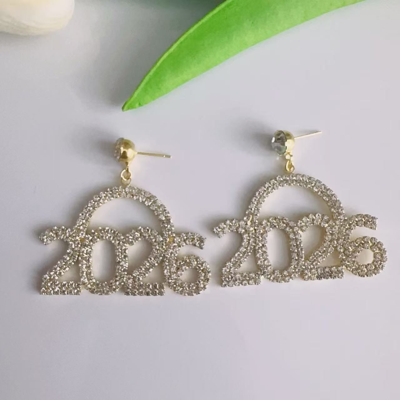 Wholesale Diamond Number 2026 Arched Geometric Blingbling Earrings