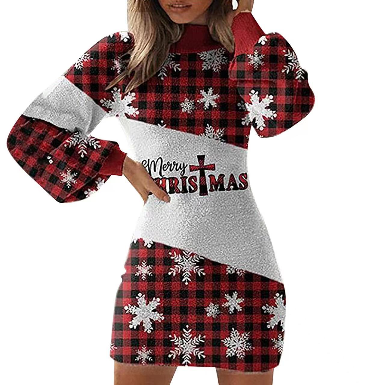 Wholesale Flannel Christmas Print Slim Fit Bag Buttocks Lantern Long Sleeved Dresses