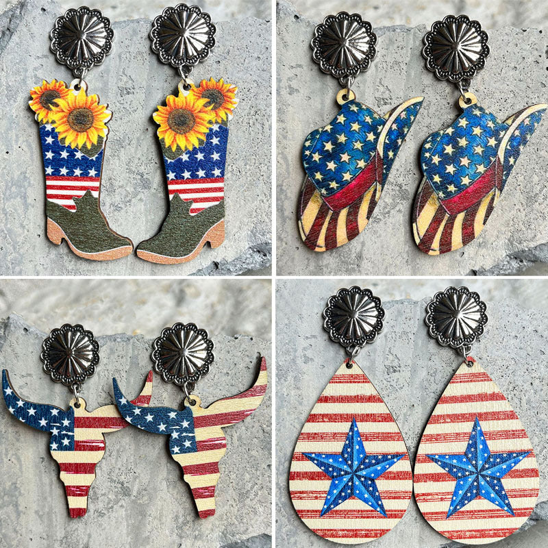 Wholesale 2 Pairs/Pack American Independence Day Western Style Wooden Earrings