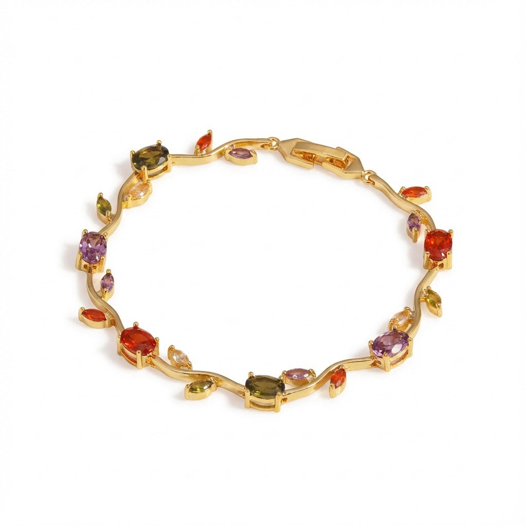 Wholesale Copper inlaid colored zircon flower branch and leaf bracelet