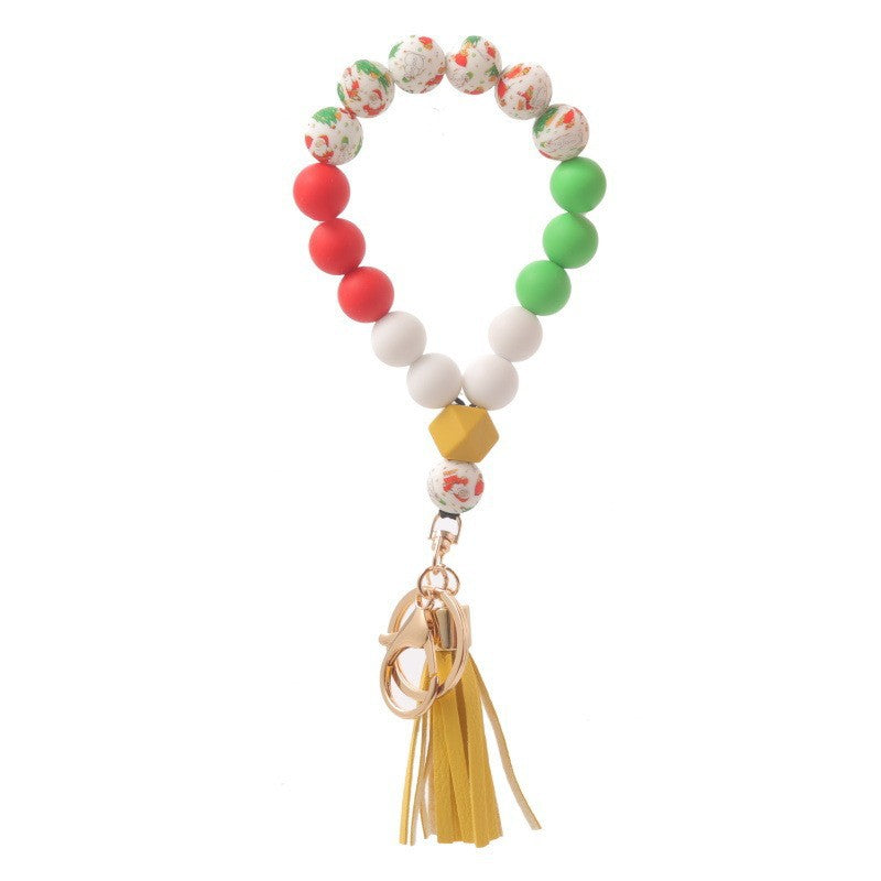 Wholesale Christmas Silicone Beaded Tassel Wrist Keychain