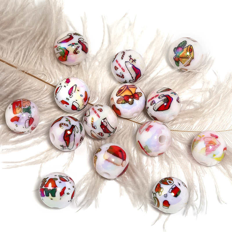 Wholesale100pcs Acrylic Santa Claus Elk Printed Beads DIY Christmas Cartoon Beads
