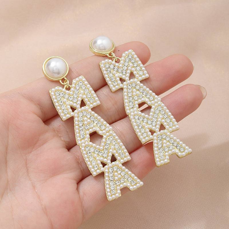 Wholesale Mother' s Day Creative Letter  Diamond Pearl Earrings Luxury Earrings