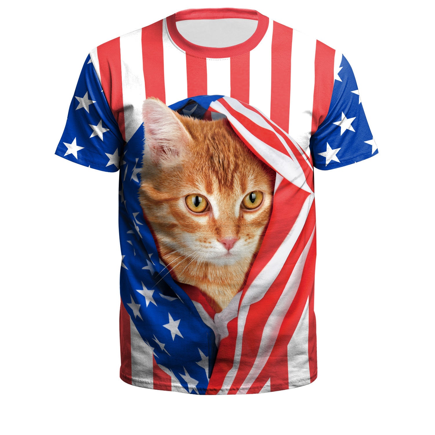 Wholesale American Independence Day Flag 3D Digital Printing Round Neck Casual T-Shirt