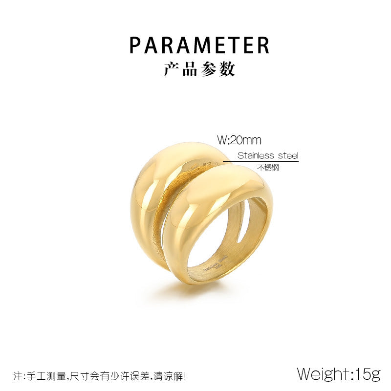 Wholesale Fashion Exaggerated Gold Arc Top Mirror Polished Electroplated 18k Real Gold Titanium Steel Double Row Rings