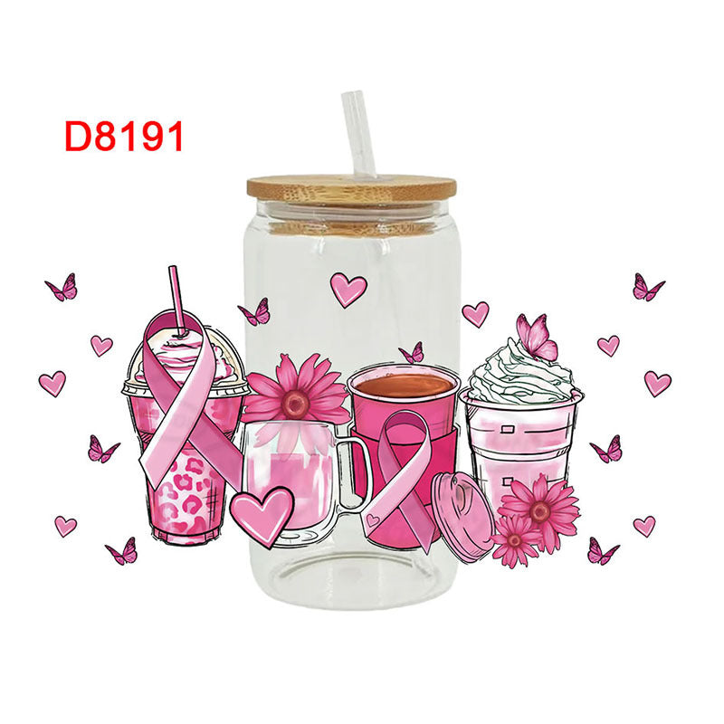 Wholesale Pink Cartoon Cute Anti-Cancer Theme 16oz Cup UV DTF Wraps