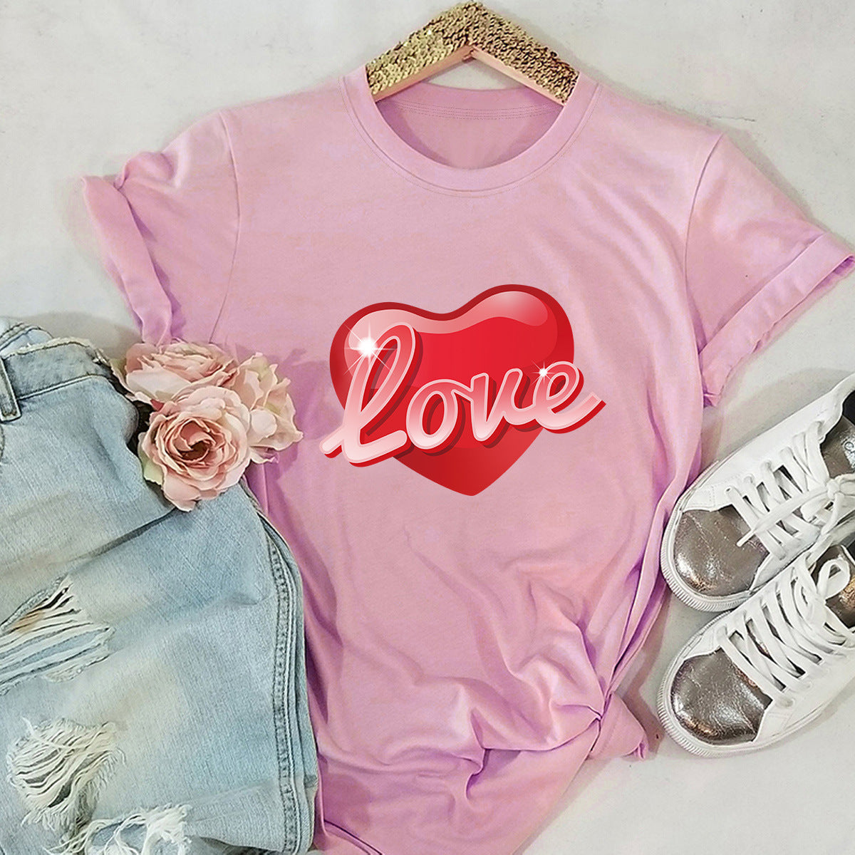 Wholesale Valentine's Day Polyester Love Short Sleeved T-shirts for Women