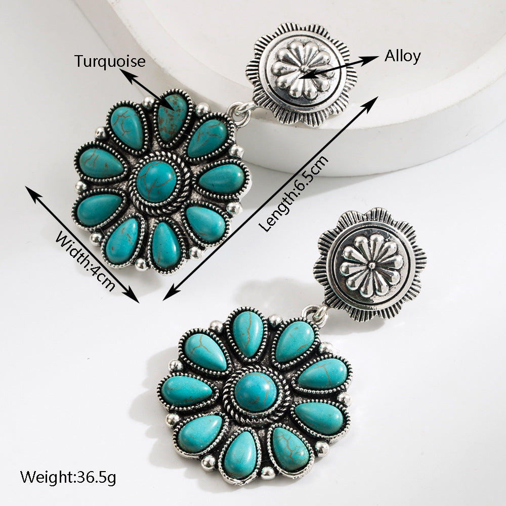Wholesale Exaggerated Vintage Oval Turquoise Hollow Leopard Leather Earrings