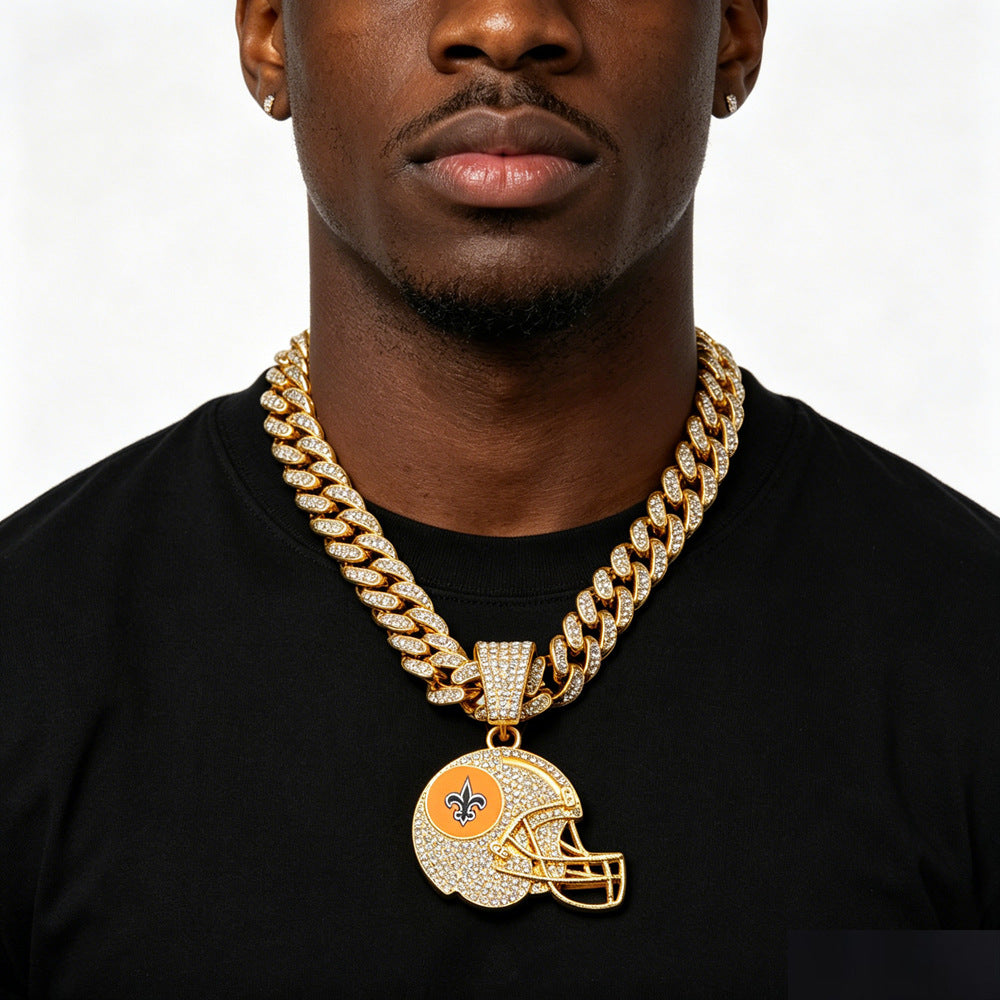 Wholesale Gold Tone Rhinestone Football Helmet Pendant Necklace Zinc Alloy Cuban Chain Trendy Boutique Jewelry Accessory