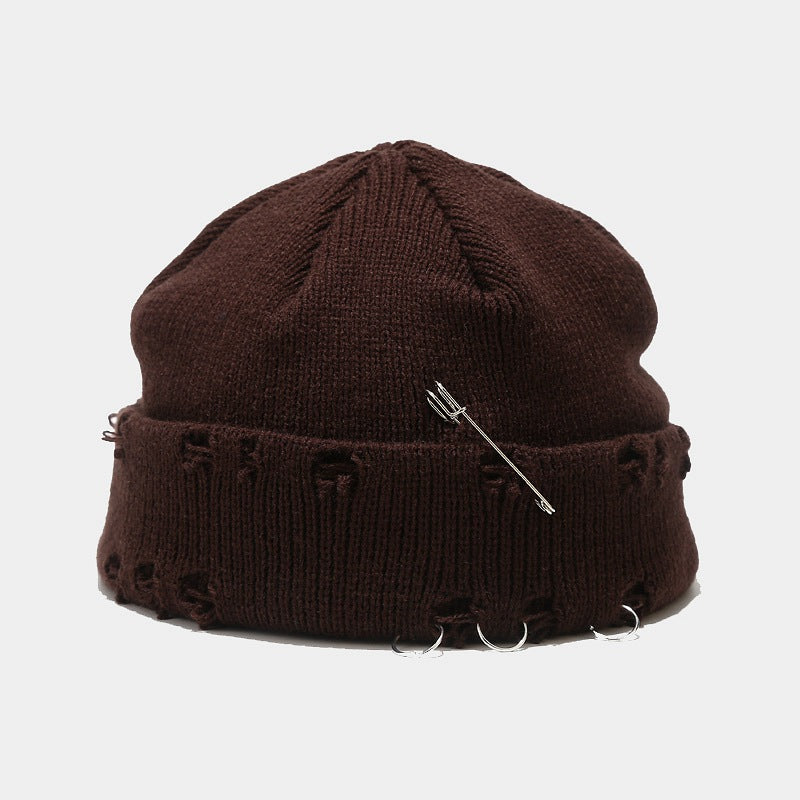 Wholesale Hoop Pin Ripped Wool Knitted Hat