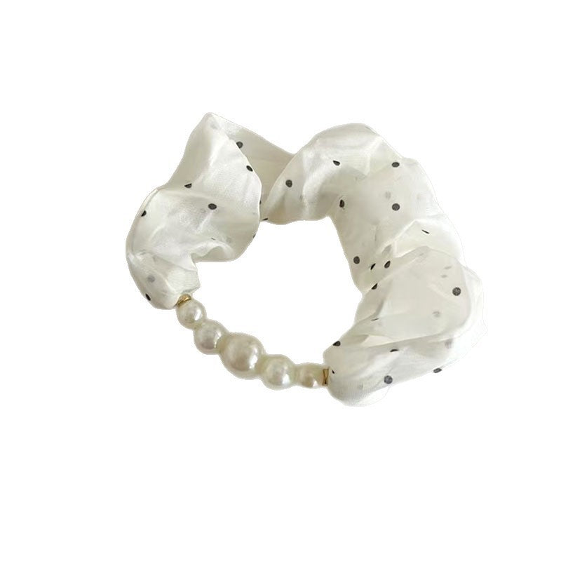 Wholesale  Satin Tulle Polka Dot Pleated  Pearl  Hair Scrunchie