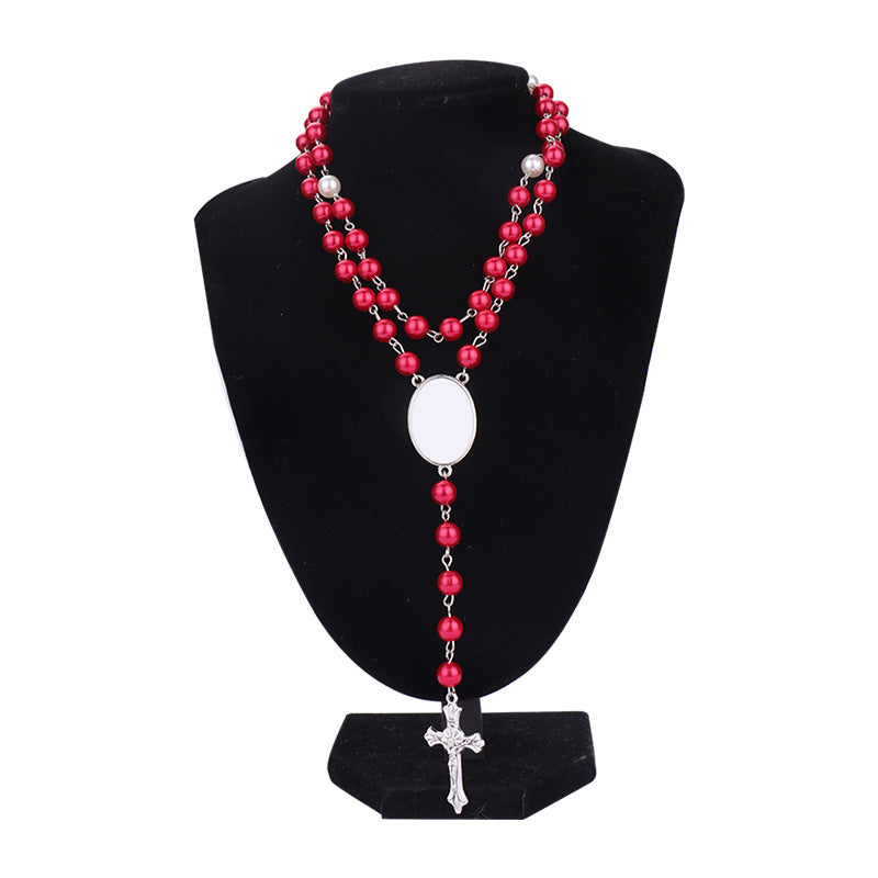 Wholesale Heat transfer rosary beads cross metal necklace