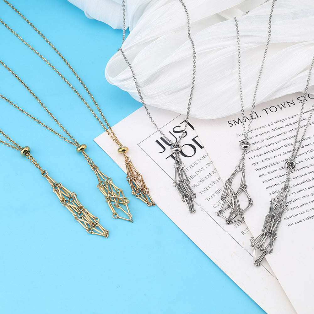 Wholesale Crystal Stone Mesh Bag Bamboo Knot Stainless Steel Necklace