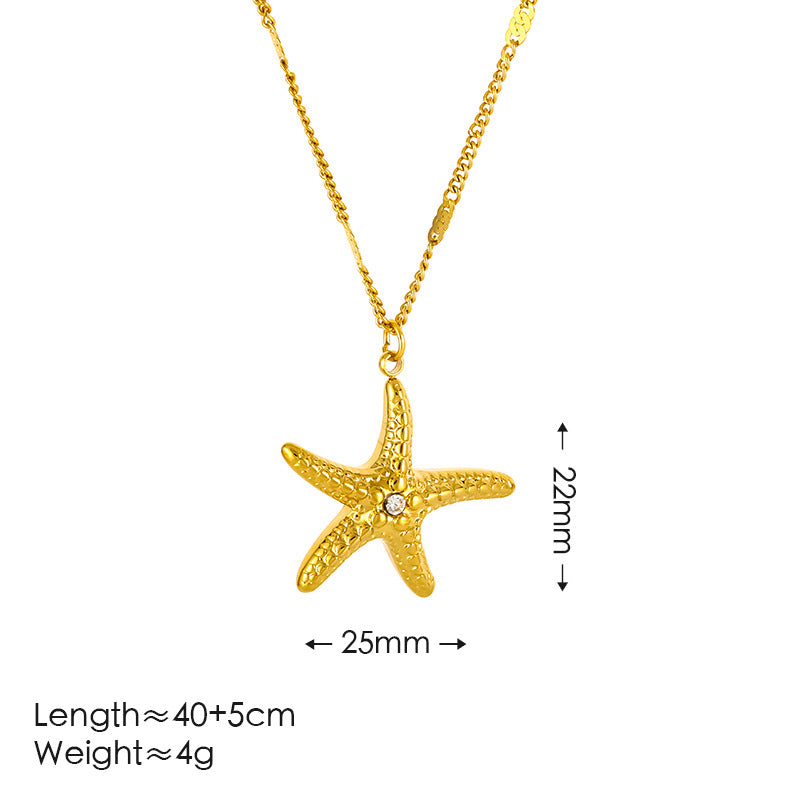 Wholesale Summer Little Starfish Diamond-Studded Necklace and Earrings Titanium Steel Jewelry Set