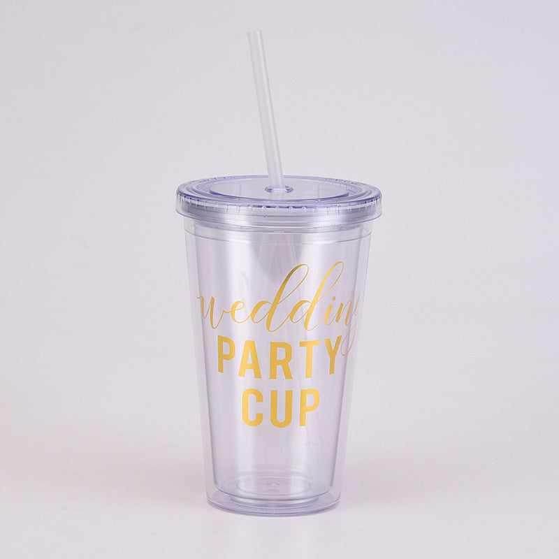 Wholesale  Water Cup 16oz Double Layer Plastic Suction Tube Cup Transparent Simple Sequin Plastic Cup