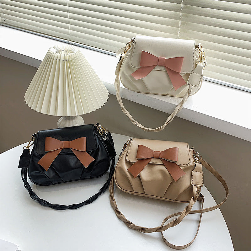 Wholesale 2025 new retro fashion casual pleated bow solid color small Bag twist shoulder strap crossbody Bag