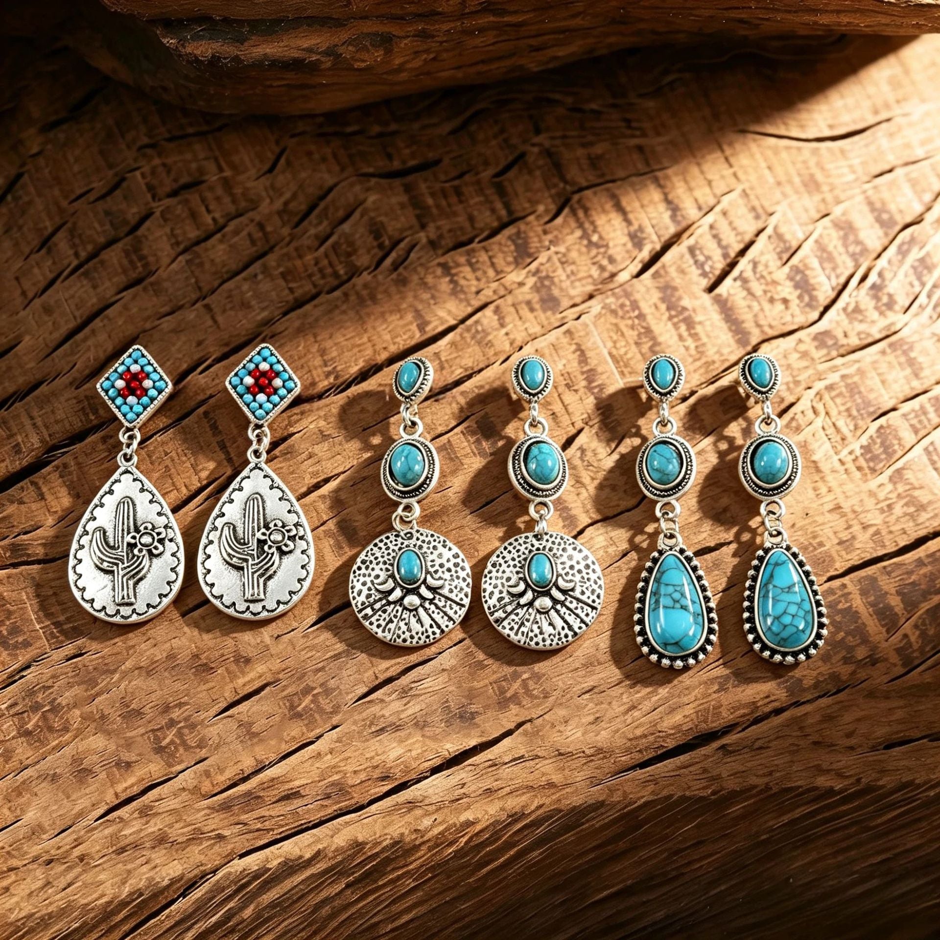 Wholesale Retro Turquoise Cactus Drop Earrings For Women Ethnic Style Distressed Alloy Earrings Party Fashion Jewelry Accessory Gift