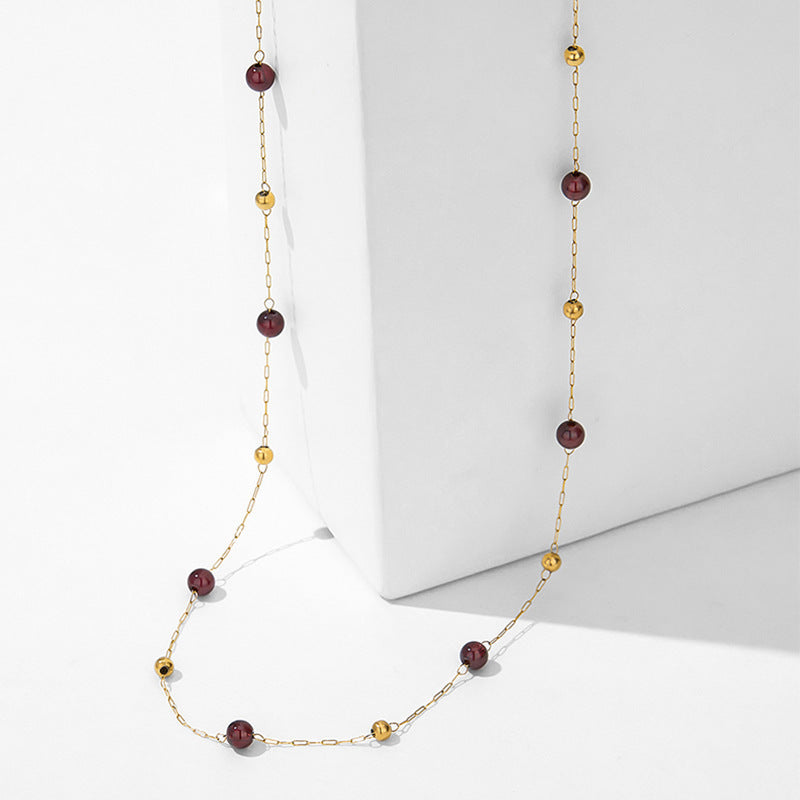 Wholesale Titanium Steel Gold Chain Wine Red Bead Necklace French Retro Style Fashion Jewelry Accessory For Gift Boutique Resale