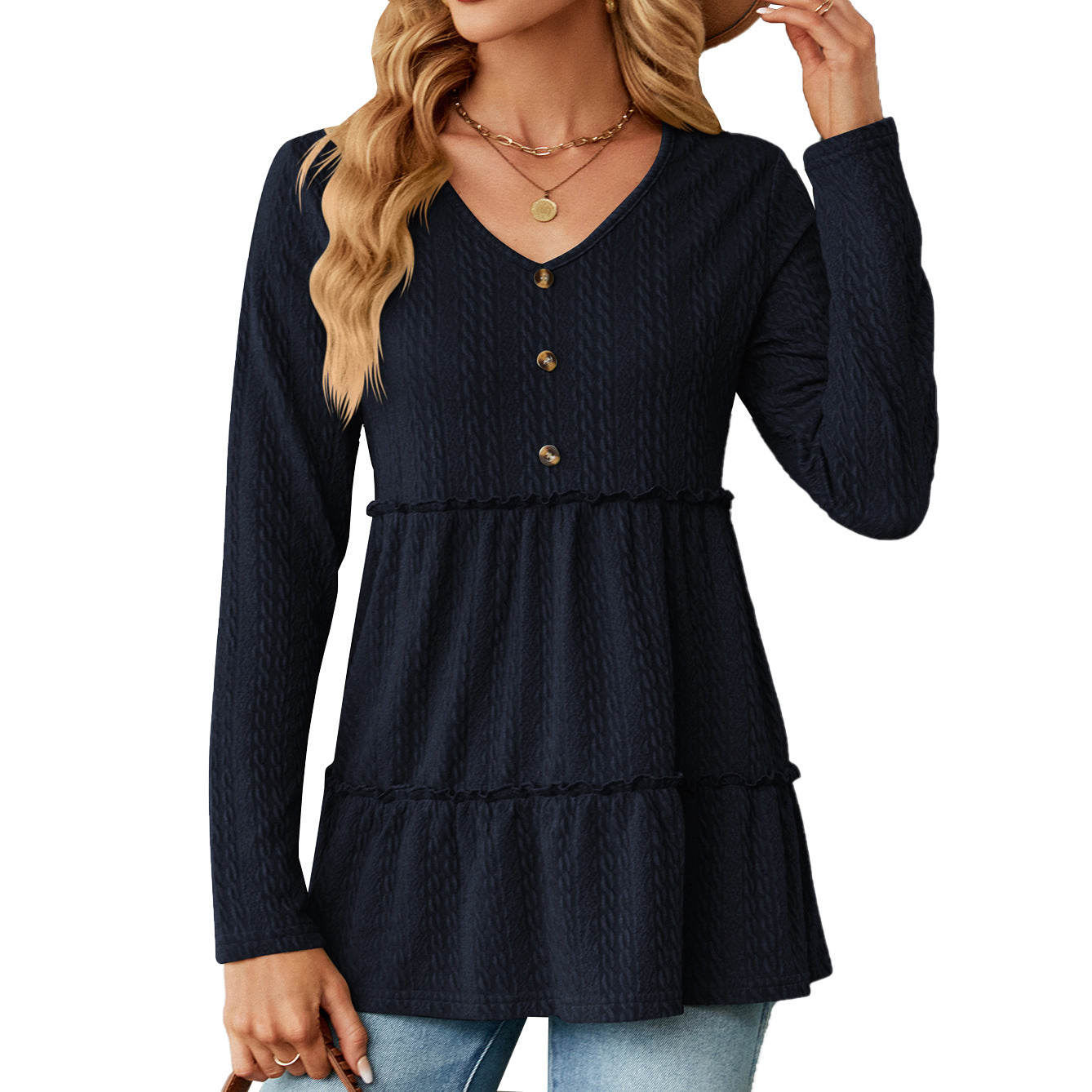 Wholesale Autumn and Winter V-neck Solid Color Button Stitching Long-sleeved Loose Top