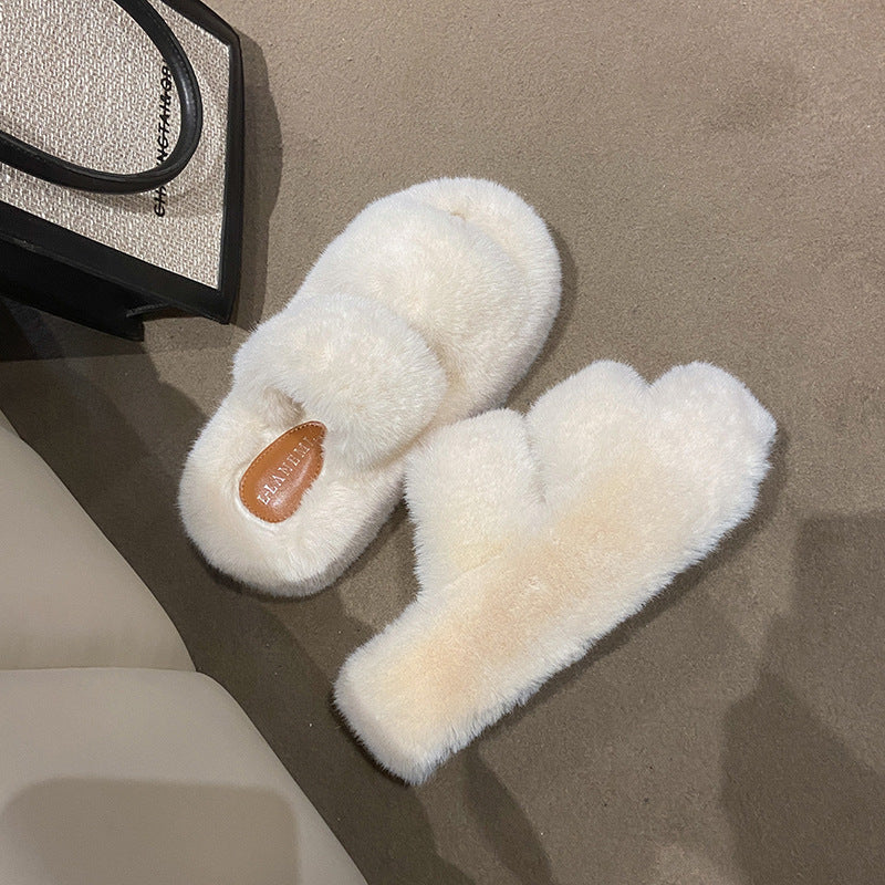 Wholesale 7CM thick-soled lining with velvet leather printing and outer fur mop plush winter slippers