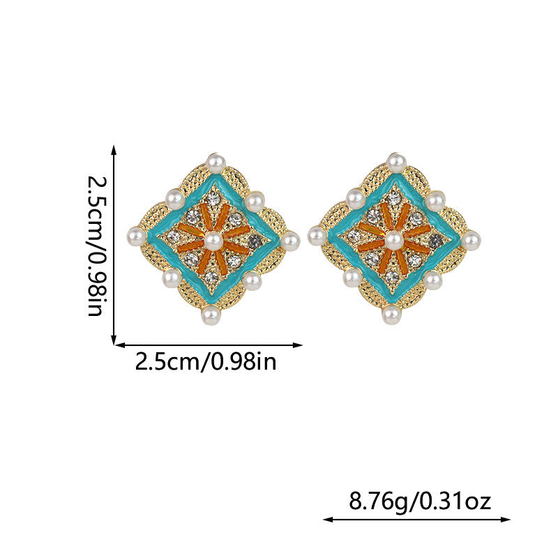 Wholesale New Chinese Retro Tile Geometric Square Color Oil Drop Inlaid Pearl Silver Needle Alloy Earrings