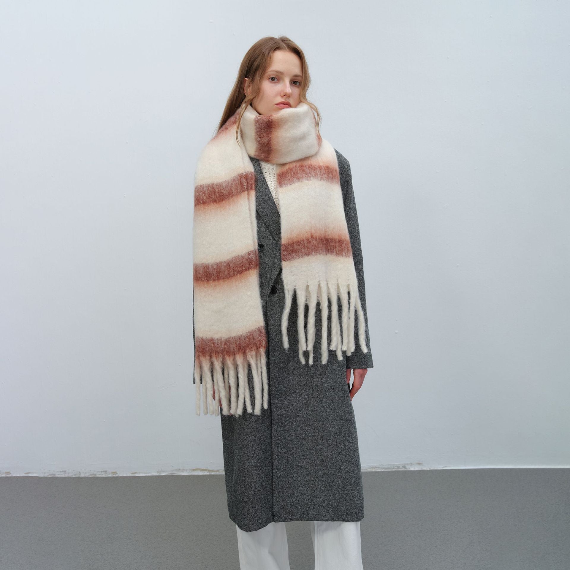 Wholesale American Simple Thickened Warm Two-color Striped Splicing Tassel Scarf