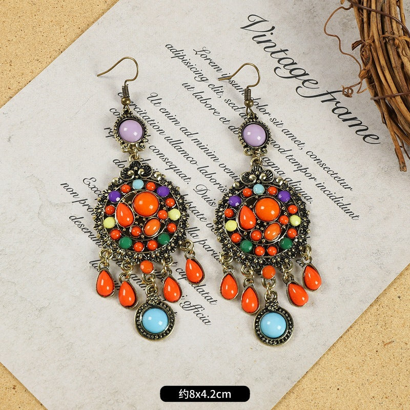 Wholesale Alloy Electroplated Retro Tassel Earrings For Women Ethnic Contrast Color Long Earrings Vacation Style Fashion Accessory