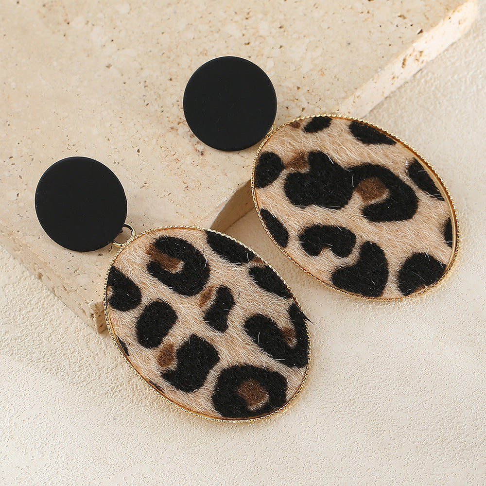 Wholesale Retro exaggerated large circle oval leopard print earrings