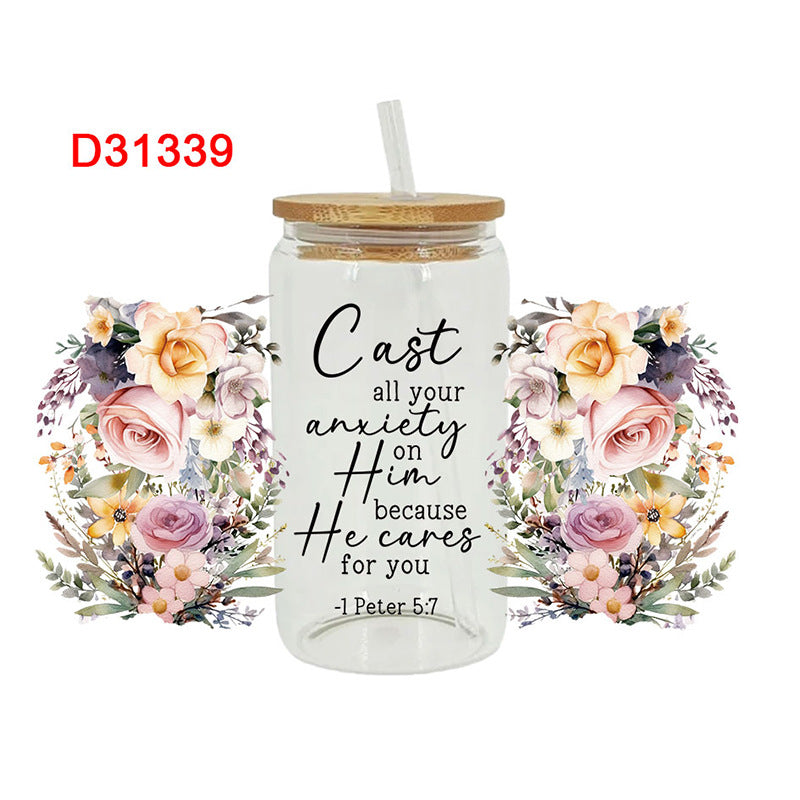 Wholesale Beautiful colorful flowers  16oz Cup UV DTF Wraps