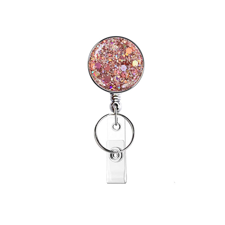 Wholesale Badge Reels UV Electroplated Resin Glitter Sequins Epoxy Badge Reel Retractable Keychain
