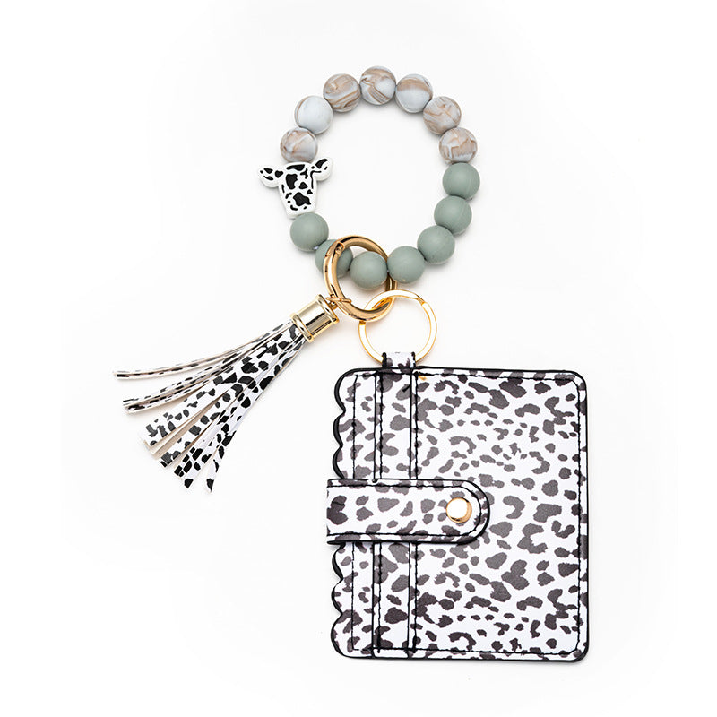 Wholesale Leopard Print Card Holder Silicone Beaded Wrist Keychain