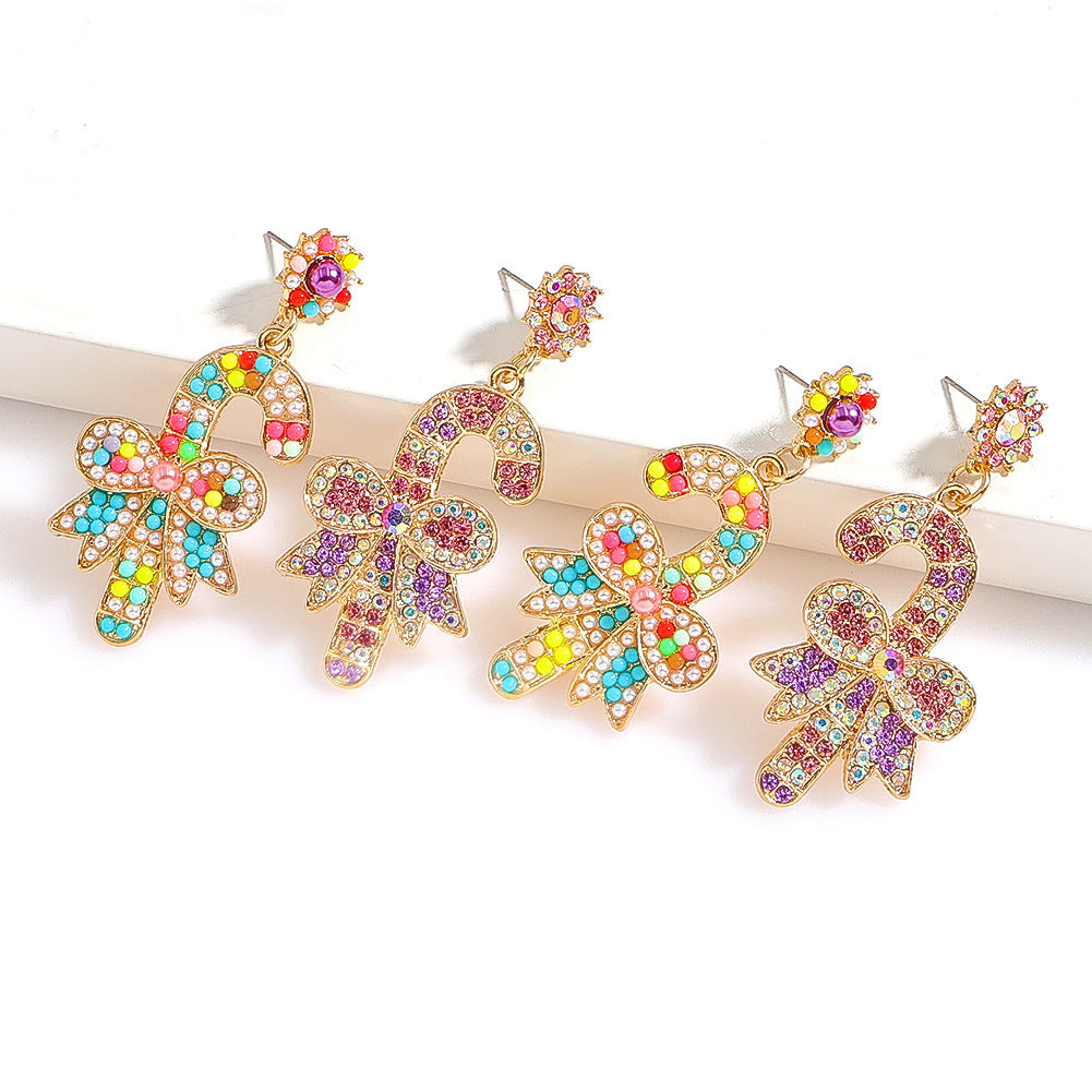 Wholesale Christmas Walking Stick Alloy Diamond and Rice Bead Earrings