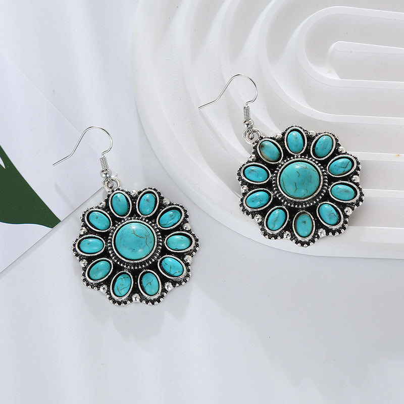 Wholesale Retro Ethnic Style Alloy Inlaid White Turquoise Round Earrings