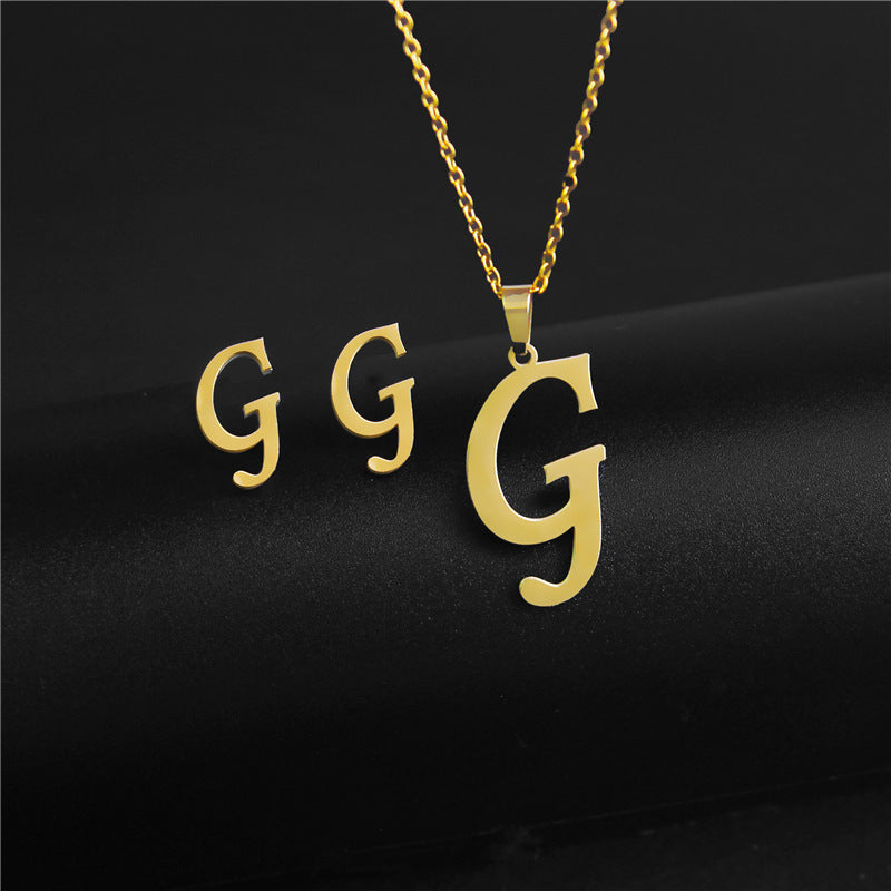 Wholesale Stainless Steel 26 Letter Necklace Earrings Two Piece Set