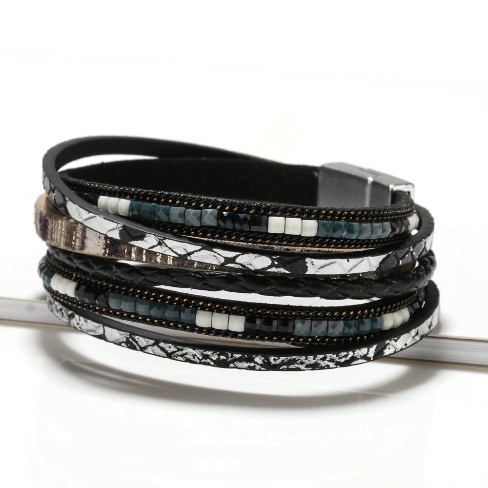 Wholesale Bohemian Hand Woven Leather Alloy Magnetic Buckle Women's Fashion Bracelets