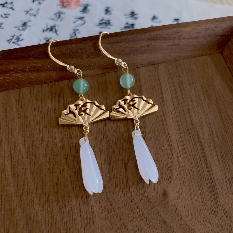 Wholesale New Chinese Style Lotus Fan Butterfly Pearl Tassel Temperament Fashion Niche High-end Earrings