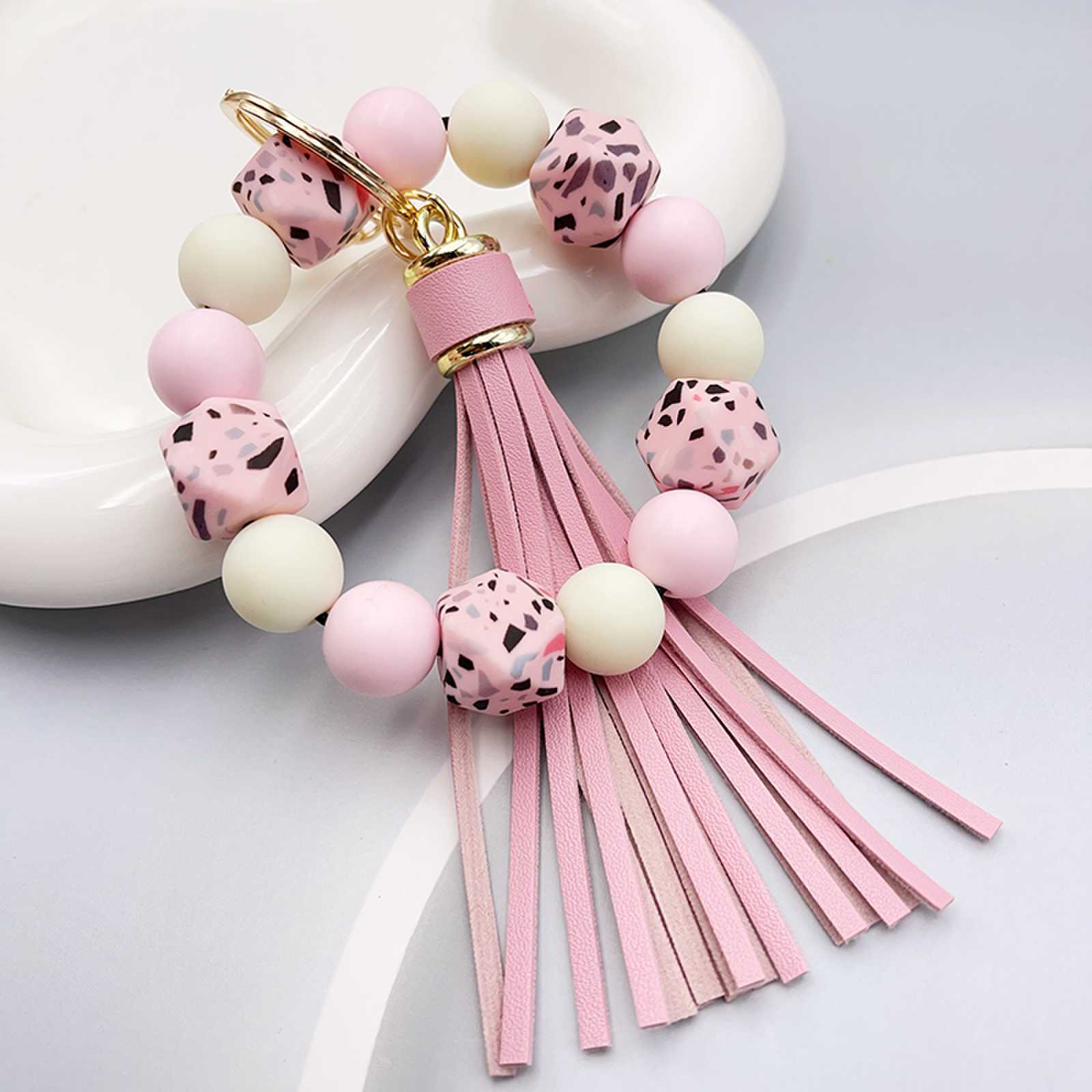 Wholesale Camouflage Stone Silicone Beaded Wrist Keychain