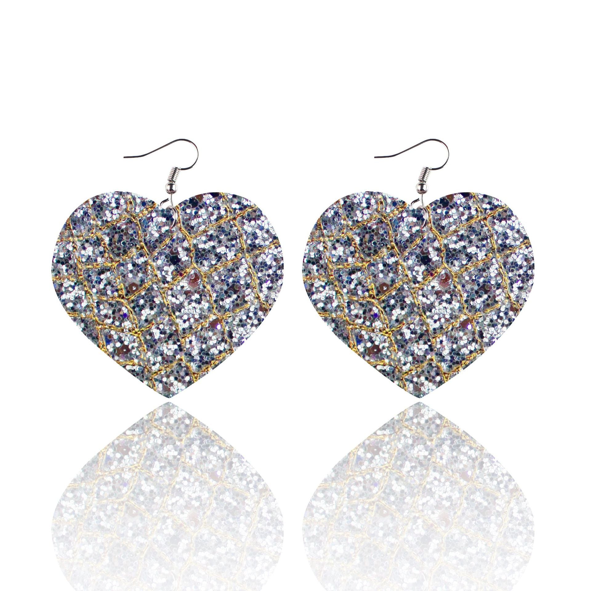 Wholesale Sequin Grain Glitter Heart Shape PU Leather Earrings
