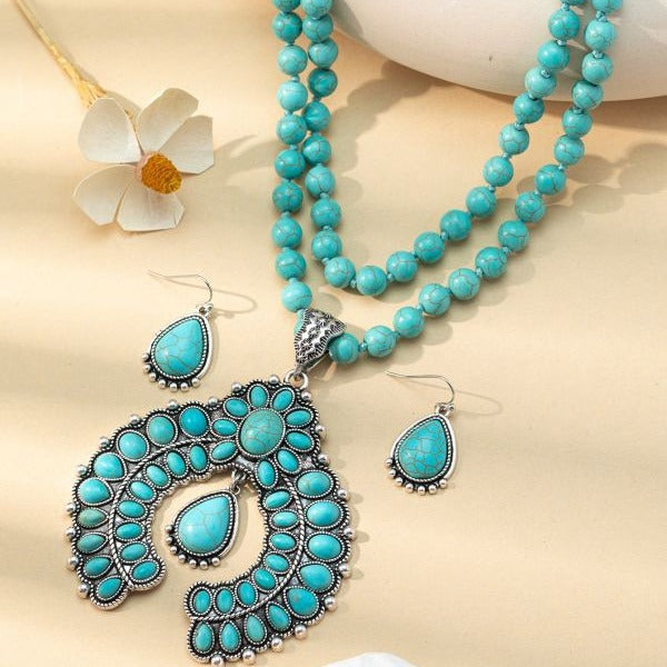 Wholesale Retro three-layer flower earrings turquoise earrings Western style exaggerated turquoise Buddha beads necklace jewelry set