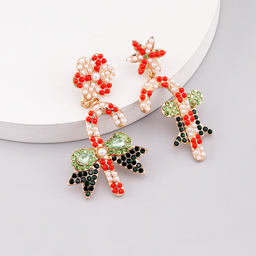 Wholesale Christmas Cute Bow Candy Cane Alloy Earrings