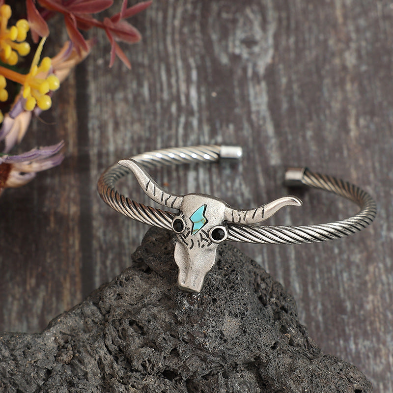 Wholesale Western style cow head inlaid with turquoise opening bracelet