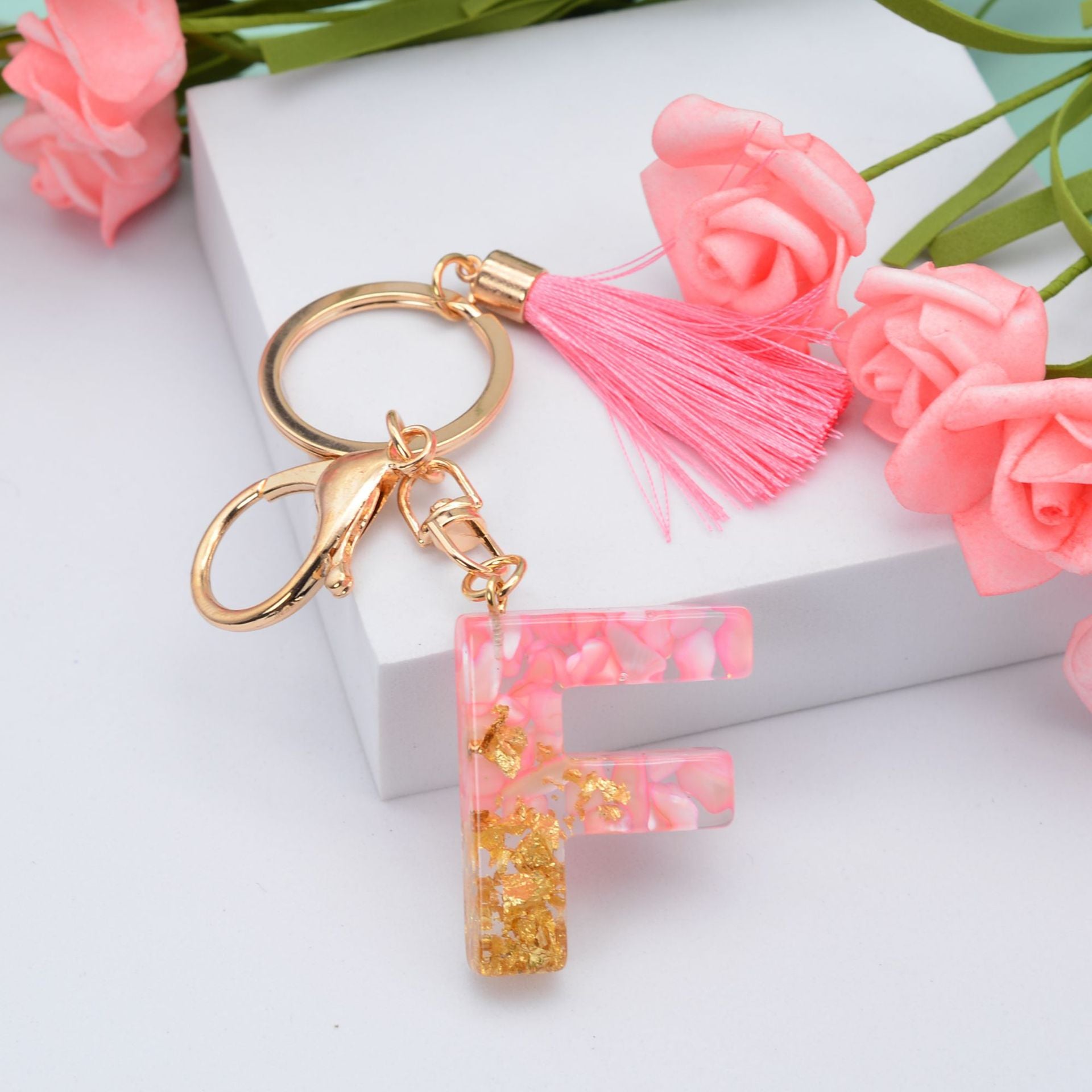 Wholesale Pink Tassel 26 Letter Crystal Resin Keychain